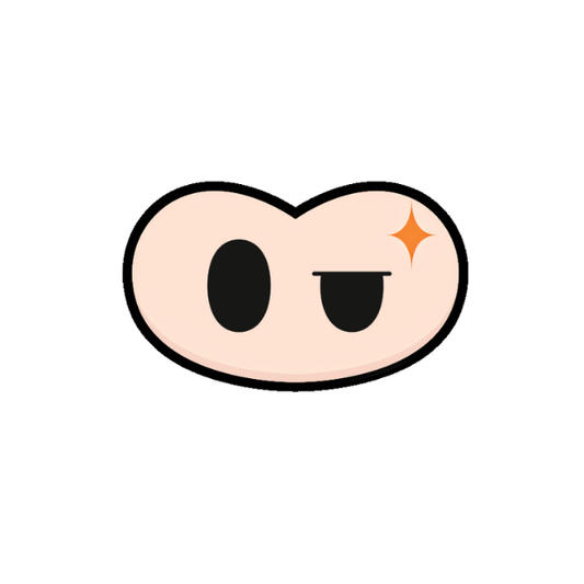 Cartoonish face with black eyes and a small orange star on a white background