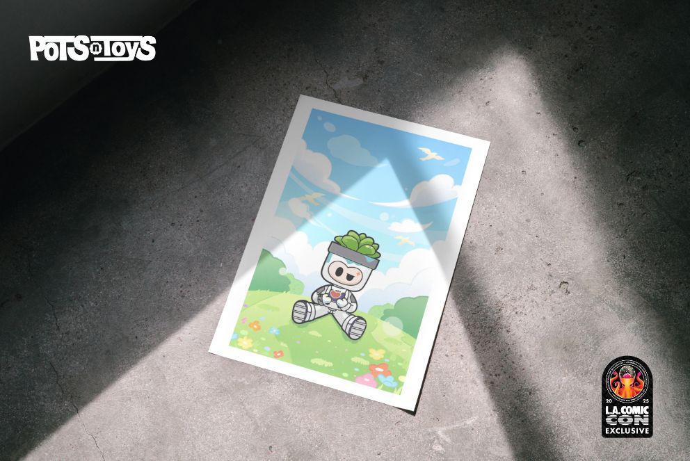 Cartoon character poster on a concrete floor with 'Pots of Toys' branding.