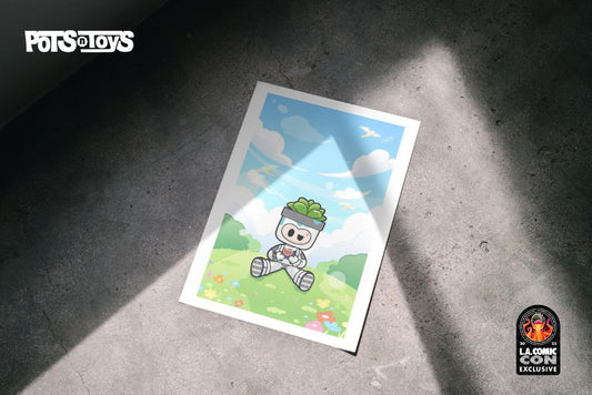 Cartoon character poster on a concrete floor with 'Pots of Toys' branding.